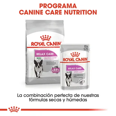 Royal Canin Relax Care, pienso seco Mini y sobre húmedo All Sizes. Texto: Programa Canine Care Nutrition. La combinación perfecta de nuestras fórmulas secas y húmedas.