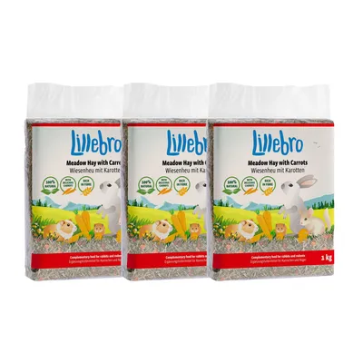 Lillebro Wiesenheu mit Karotten, Ergänzungsfuttermittel für Kaninchen und Nagetiere, 100% natürlich, reich an Ballaststoffen, 1 kg Packung.