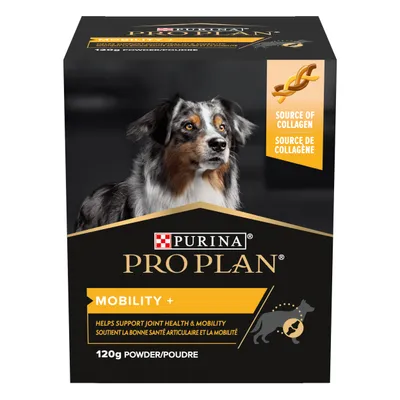 Purina Pro Plan Mobility+ 120g powder, source of collagen, helps support joint health & mobility. Image shows a dog and bilingual English/French text on black packaging.