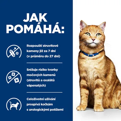 Text v češtine: Jak pomáhá: Rozpouští struvitové kameny již za 7 dní (v průměru do 27 dní). Snižuje riziko tvorby močových kamenů (struvitů a oxalátů vápenatých). Celoživotní užívání prospívá kočkám s urologickými potížemi.
