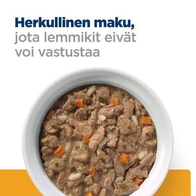 Teksti: Herkullinen maku, jota lemmikit eivät voi vastustaa. Kuvassa kulhollinen kastikkeessa olevaa lihapaloja ja vihanneksia sisältävää lemmikkiruokaa.