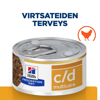 Hill's Prescription Diet c/d Multicare -märkäruokapurkki, teksti 'Virtsateiden terveys', oranssi kanan siluetti etiketissä
