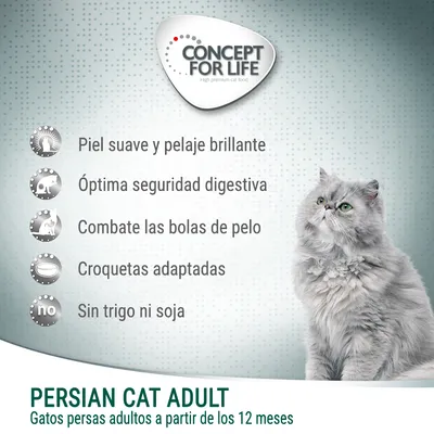 Concept for Life Persian Cat Adult. Piel suave y pelaje brillante, óptima seguridad digestiva, combate las bolas de pelo, croquetas adaptadas, sin trigo ni soja. Para gatos persas adultos.
