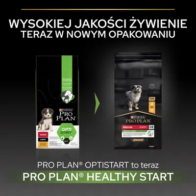 Purina Pro Plan Optistart zmienia nazwę na Pro Plan Healthy Start; pokazane stare i nowe opakowanie karmy dla szczeniąt medium puppy. Napis: wysokiej jakości żywienie w nowym opakowaniu.