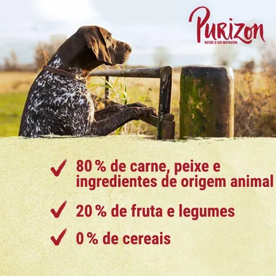Purizon. 80 % de carne, peixe e ingredientes de origem animal, 20 % de fruta e legumes, 0 % de cereais.