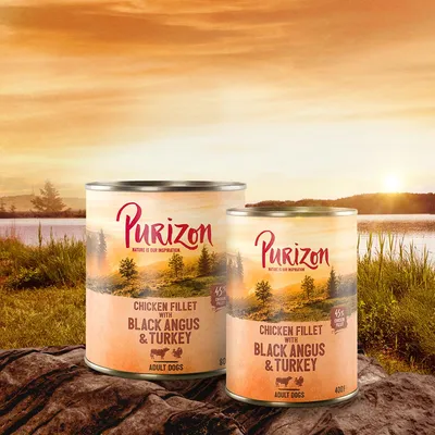 Purizon dåsefoder til voksne hunde, tekst: Chicken Fillet with Black Angus & Turkey, 45 % chicken fillet, 400 g og 800 g. Naturmotiv på emballagen.