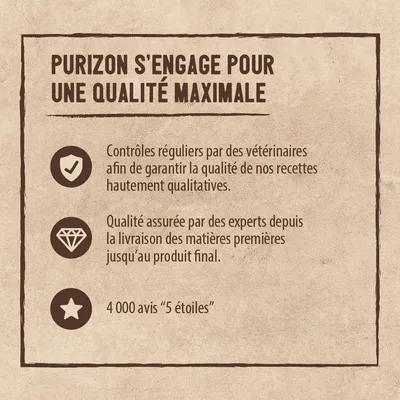 Purizon s’engage pour une qualité maximale : contrôles vétérinaires réguliers, qualité assurée par des experts, 4 000 avis « 5 étoiles »