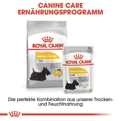 Royal Canin Dermacomfort Mini und All Sizes. Kombination aus Trocken- und Feuchtnahrung. Reduzierte Allergen-Formel, Ergebnis: 91% weniger Hautreizungen.