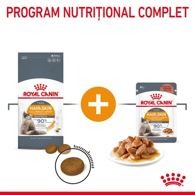 Royal Canin Hair & Skin pentru pisici, pachet hrană uscată și umedă. Text vizibil: PROGRAM NUTRIȚIONAL COMPLET, 90 % dintre proprietari observă o blană mai strălucitoare după 3 săptămâni.