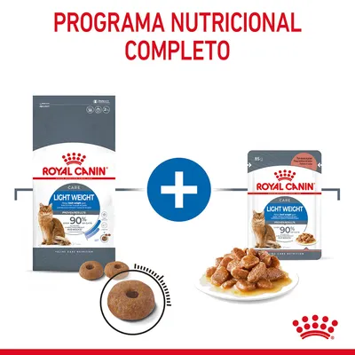 Royal Canin Light Weight Care para gatos: saco de pienso y sobre de comida húmeda, ambos con el texto '90 % of cats lost weight in 8 weeks'. Programa nutricional completo.