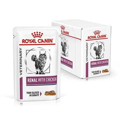 Royal Canin Veterinary Renal with Chicken, thin slices in gravy. Bild på förpackning och kartong med kattmotiv och texten 'Renal with Chicken'.