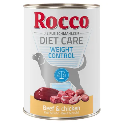 Boîte Rocco Diet Care Weight Control, bœuf & poulet. Texte visible : Die Fleischmahlzeit, Beef & chicken, Rind & Huhn, Bœuf & poulet. Illustration de viande et silhouette de chien.