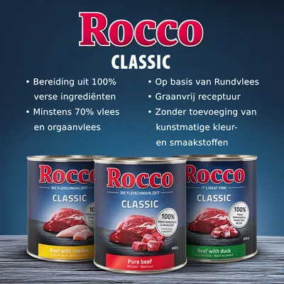 Rocco Classic natvoer: 100% verse ingrediënten, minstens 70% vlees en orgaanvlees, op basis van rundvlees, graanvrij, zonder kunstmatige kleur- en smaakstoffen. Blikken Beef with chicken, Pure beef, Beef with duck.