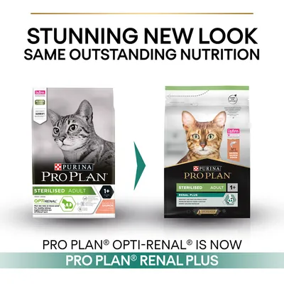 Purina Pro Plan Sterilised Adult cat food packaging change: Opti-Renal is now Renal Plus. Text: Stunning new look, same outstanding nutrition. Both packs show adult cats.