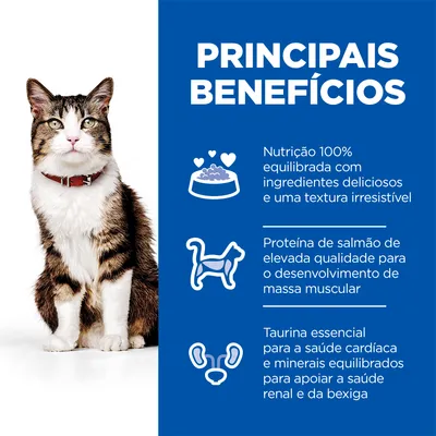 PRINCIPAIS BENEFÍCIOS: Nutrição 100% equilibrada, proteína de salmão para desenvolvimento muscular, taurina e minerais para saúde cardíaca, renal e da bexiga. Texto em português.