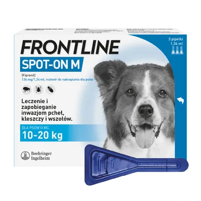 Frontline Spot-On M dla psów 10–20 kg, leczenie i zapobieganie inwazjom pcheł, kleszczy i wszołów. 3 pipetki po 1,34 ml. Boehringer Ingelheim.