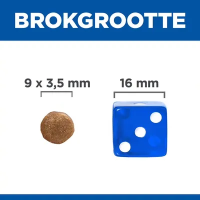 Brokgrootte: brok van 9 x 3,5 mm naast een dobbelsteen van 16 mm ter vergelijking.