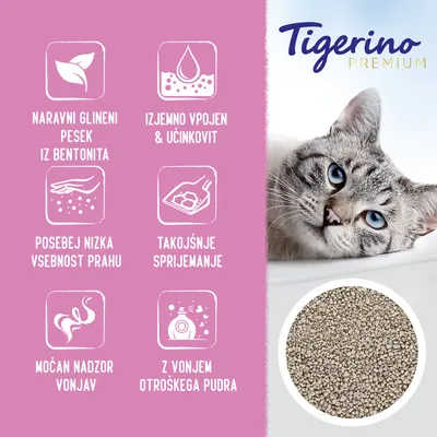 Tigerino Premium. Naravni glineni pesek iz bentonita, izjemno vpojen in učinkovit, posebej nizka vsebnost prahu, takojšnje sprijemanje, močan nadzor vonjav, z vonjem otroškega pudra.