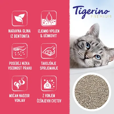Tigerino Premium. Naravna glina iz bentonita, izjemno vpojen in učinkovit, posebej nizka vsebnost prahu, takojšnje sprijemanje, močan nadzor vonjav, z vonjem češnjevih cvetov.