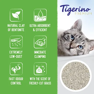 Tigerino Premium. Tekstit: natural clay of bentonite, ultra absorbent & efficient, extremely low-dust, immediate clumping, fast odour control, with the scent of freshly-cut grass.