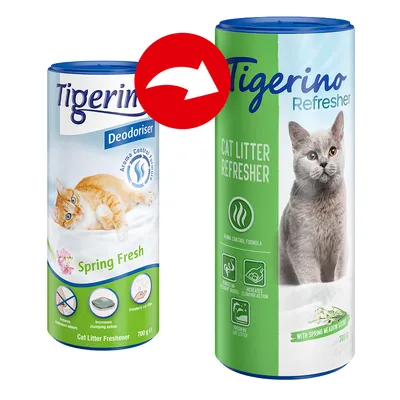 Ancien emballage Tigerino Deodoriser Spring Fresh 700 g à gauche, nouveau Tigerino Refresher Cat Litter Refresher 700 g à droite, texte en anglais, images de chats et icônes visibles.