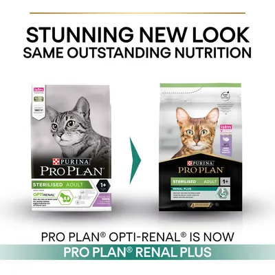 Prikaz stare i nove ambalaže hrane za mačke Purina Pro Plan Sterilised Adult 1+, promjena naziva s Opti-Renal na Renal Plus, vidljive slike mačaka i logotipi proizvoda.