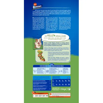 Embalagem de ração Brekkies para cães, com frango, legumes e cereais. Tabela de alimentação diária por peso do cão, análise nutricional, peso líquido 15 kg. Texto em espanhol e inglês visível.