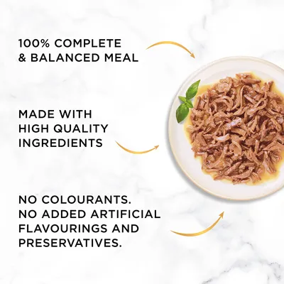 100% COMPLETE & BALANCED MEAL. MADE WITH HIGH QUALITY INGREDIENTS. NO COLOURANTS. NO ADDED ARTIFICIAL FLAVOURINGS AND PRESERVATIVES. (angol nyelvű szöveg)