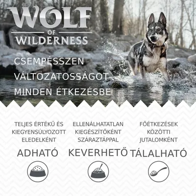 WOLF OF WILDERNESS. Csempésszen változatosságot minden étkezésbe. Teljes értékű és kiegyensúlyozott eledelként adható, keverhető száraz táppal, főétkezések közötti jutalomként tálalható.