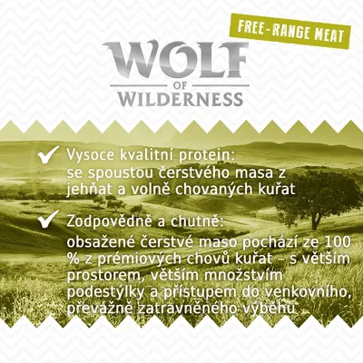 Wolf of Wilderness, Free-Range Meat. Vysoce kvalitní protein z jehněčího a volně chovaných kuřat. Čerstvé maso ze 100 % prémiových chovů s přístupem do venkovního výběhu.