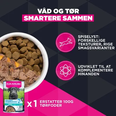 Eukanuba våd- og tørfoder, forskellige teksturer og smagsvarianter, udviklet som supplement, 1 dåse erstatter 100 g tørfoder. Eukanuba våd- og tørfoder, forskellige teksturer og smagsvarianter, udviklet som supplement, 1 dåse erstatter 100 g tørfoder.