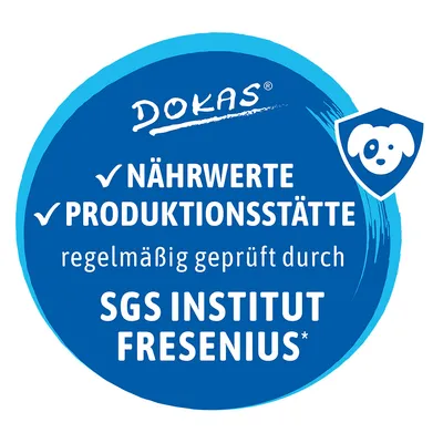 DOKAS. NÄHRWERTE, PRODUKTIONSSTÄTTE, regelmäßig geprüft durch SGS INSTITUT FRESENIUS. Texte en allemand.