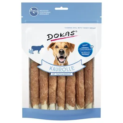 Verpakking Dokas Kaurolle mit Truthahnbrust, kauwrollen zichtbaar in transparant venster, tekst: wiederverschließbar, SGS Institut Fresenius, chewing roll with turkey breast.