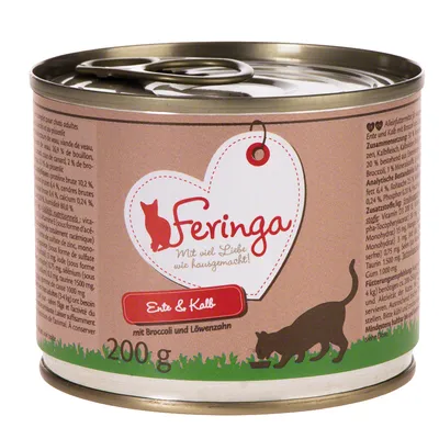 Scatoletta Feringa 200 g per gatti, visibile testo: 'Ente & Kalb mit Broccoli und Löwenzahn', grafica con silhouette di gatto e cuore, scritta 'Mit viel Liebe wie hausgemacht!'.