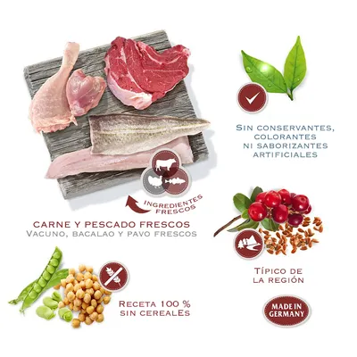 Carne y pescado frescos: vacuno, bacalao y pavo. Receta 100 % sin cereales. Sin conservantes, colorantes ni saborizantes artificiales. Típico de la región. Made in Germany.