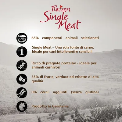 Purizon Single Meat. 65% componenti animali selezionati, una sola fonte di carne, ricco di proteine, 35% frutta/verdura/erbette, 0% cereali aggiunti (senza glutine), prodotto in Germania.