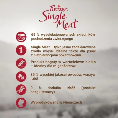 Purizon Single Meat. 65% životinjskih sastojaka, 35% voća i bilja, bez žitarica, proizvedeno u Njemačkoj. Pogodno za mesojede i pse s netolerancijama na hranu.
