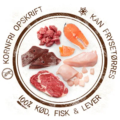 KORNFri OPSKRIFT, KAN FRYSETØRRES, 100% KØD, FISK & LEVER. Billede af råt kød, fisk og lever i forskellige udskæringer.