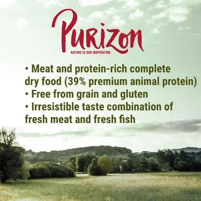 Meat and protein-rich complete dry food with 39% premium animal protein, free from grain and gluten, featuring a taste combination of fresh meat and fresh fish.