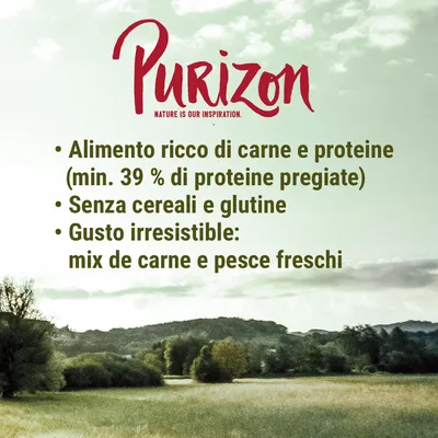 Purizon. Alimento ricco di carne e proteine (min. 39 % di proteine pregiate). Senza cereali e glutine. Gusto irresistibile: mix di carne e pesce freschi.