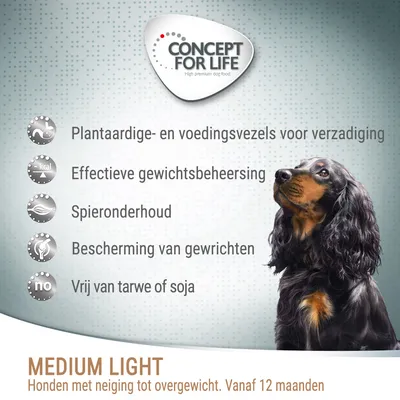 Concept for Life Medium Light: plantaardige- en voedingsvezels, effectieve gewichtsbeheersing, spieronderhoud, bescherming van gewrichten, vrij van tarwe of soja. Vanaf 12 maanden.