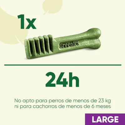 Greenies 1x al día, no apto para perros de menos de 23 kg ni cachorros de menos de 6 meses. Tamaño LARGE.