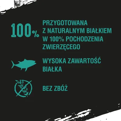 100% przygotowana z naturalnym białkiem w 100% pochodzenia zwierzęcego, wysoka zawartość białka, bez zbóż