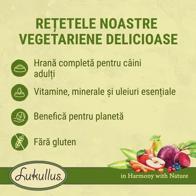 REȚETELE NOASTRE VEGETARIENE DELICIOASE. Hrană completă pentru câini adulți, vitamine, minerale și uleiuri esențiale, benefică pentru planetă, fără gluten. Lukullus.