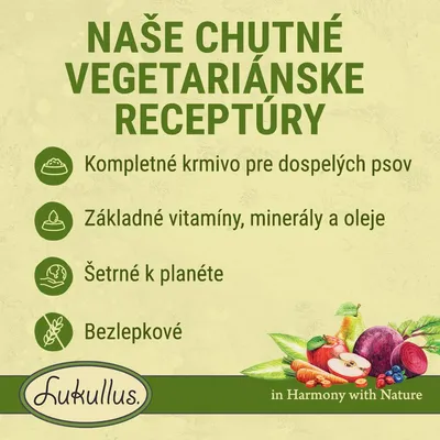 Naše chutné vegetariánske receptúry. Kompletné krmivo pre dospelých psov, základné vitamíny, minerály a oleje, šetrné k planéte, bezlepkové. Lukullus.