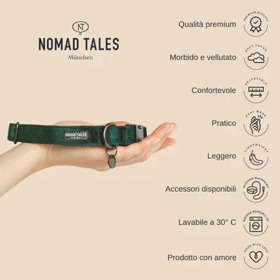 Collare verde Nomad Tales München tenuto in mano, con etichetta visibile. Testo: Qualità premium, Morbido e vellutato, Confortevole, Pratico, Leggero, Accessori disponibili, Lavabile a 30°C, Prodotto con amore.