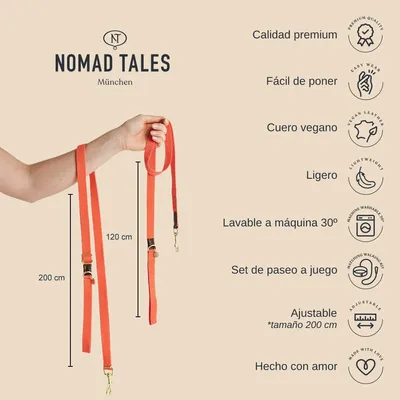 Correa ajustable Nomad Tales München, cuero vegano, 200 cm y 120 cm, lavable a máquina 30°, ligera, calidad premium, fácil de poner, set de paseo a juego, hecha con amor.