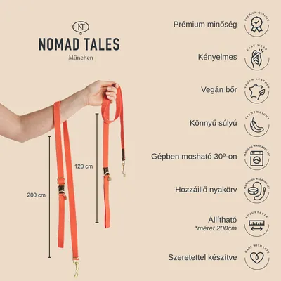 Nomad Tales póráz, narancssárga, állítható 120–200 cm, vegán bőr, gépben mosható 30°-on, prémium minőség, könnyű súly, hozzáillő nyakörv, szeretettel készítve.