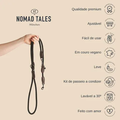 Pessoa a segurar trela Nomad Tales München. Texto visível: Qualidade premium, Ajustável, Fácil de usar, Em couro vegano, Leve, Kit de passeio a condizer, Lavável a 30º, Feito com amor.