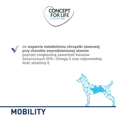 CONCEPT FOR LIFE VETERINARY DIET. Do wsparcia metabolizmu chrząstki stawowej przy chorobie zwyrodnieniowej stawów dzięki kwasom EPA, Omega-3 i witaminie E. MOBILITY.